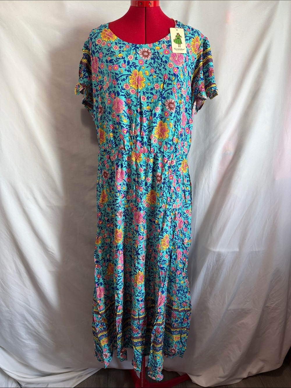 Bright Blue Floral Maxi Dress with Short Sleeves